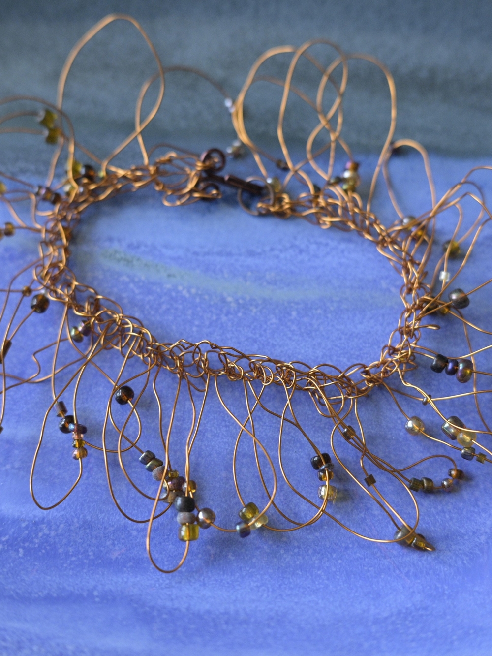 OOAK Gold Wire Fringe Bracelet with Brown and Olive Beads